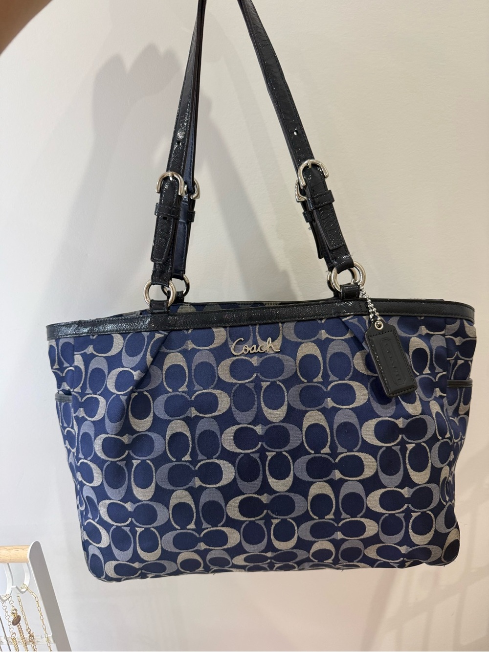 Coach Blue Signature Shoulder Tote with Leather Trim